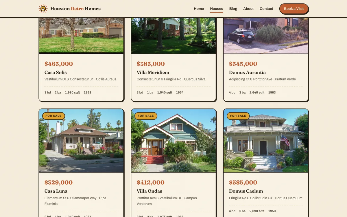 Houston Retro Homes demo website — mid-century modern real estate listings