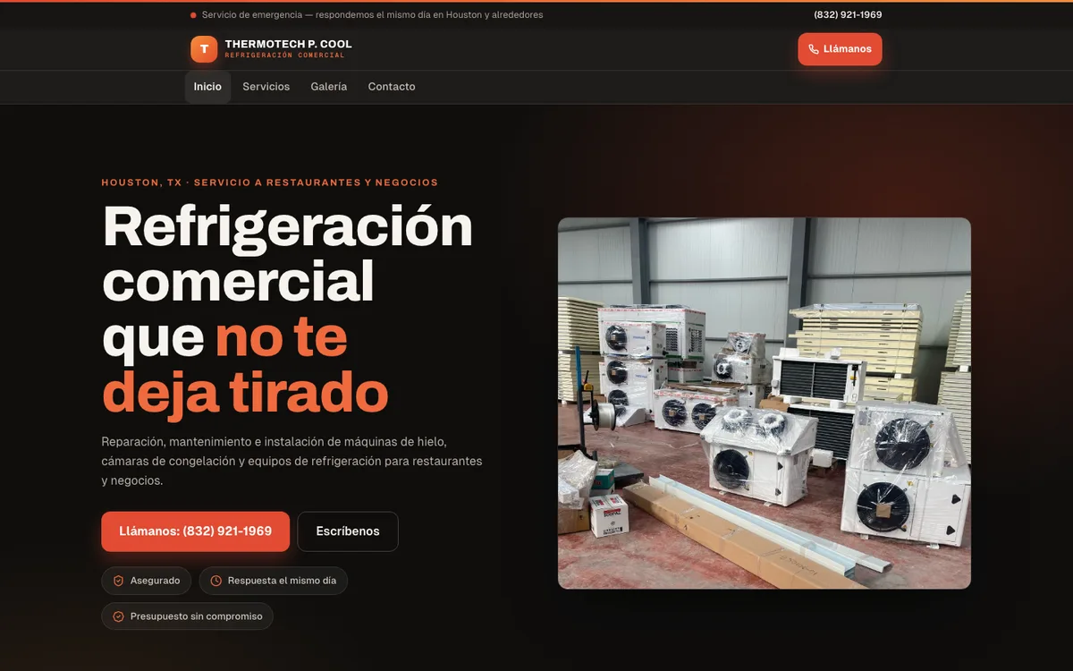 Thermotech P. Cool public website homepage — commercial refrigeration company in Houston
